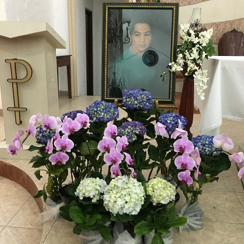 Purple Phalaenopsis with Blue and White Hydrangeas