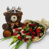 Bouquet of eighteen red roses with bear